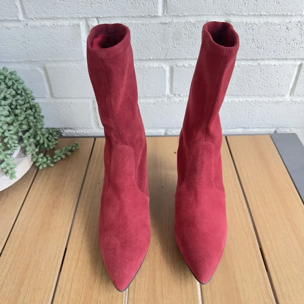 Stuart Weitzman Red Suede Sock Ankle Boots Pointed Toe Kitten Heel US 8.5 B